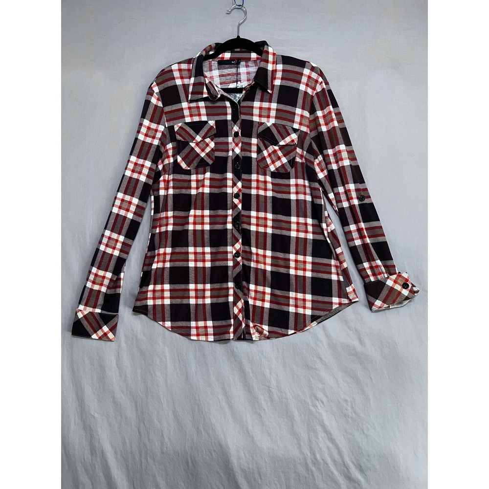 Womens Red Black White Plaid Button Down Shirt Long Sleeve Roll Tab Pockets